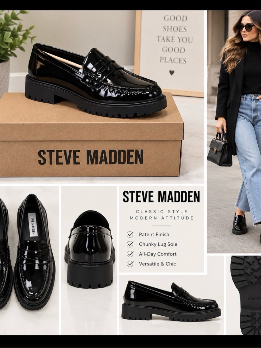Steve Madden Black Patent Chunky Lug Loafers